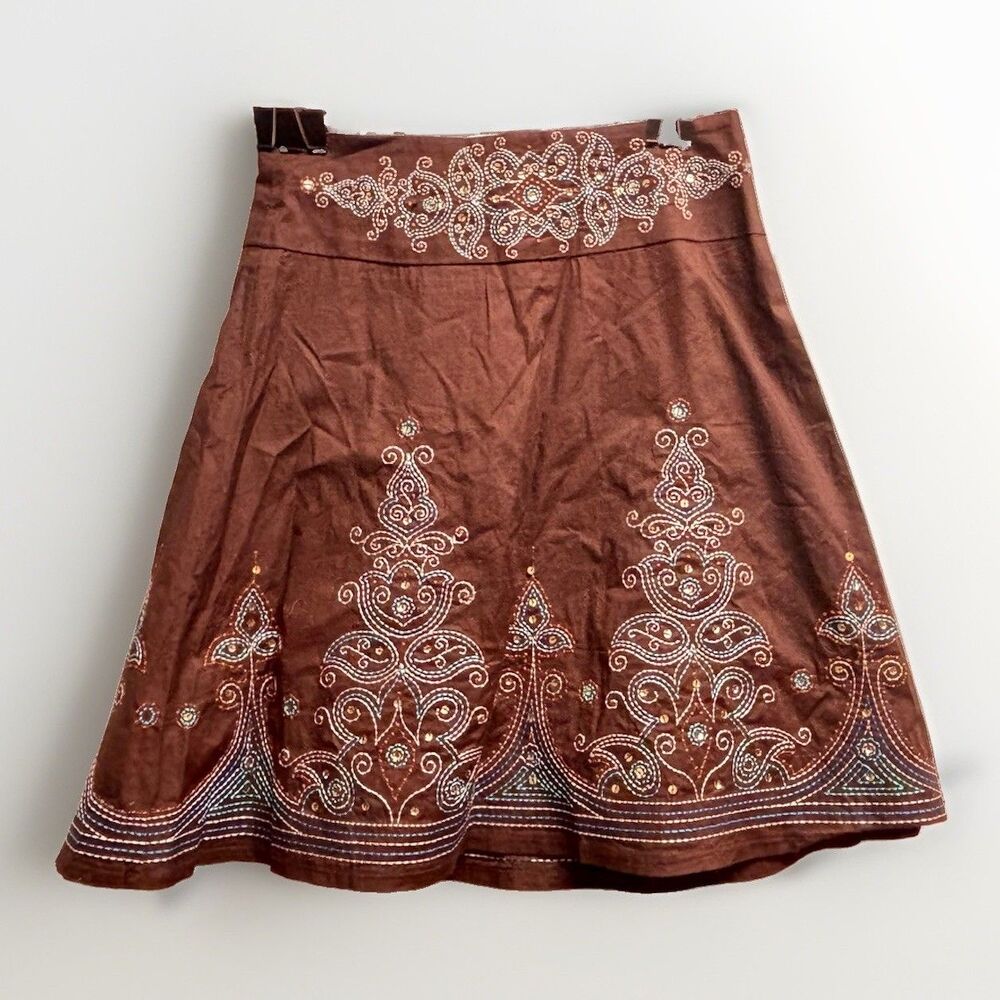 Heart Soul Boho Embroidered Skirt Brown India Festival Sz 1